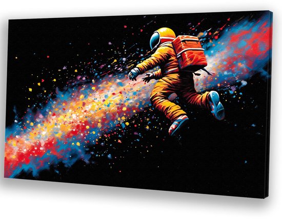 Astronaut zwevend in kleurenexplosie - Ruimte schilderij op canvas - Muurkunst astronaut - Abstract expressionisme - Woonkamer decoratie industrieel - Slaapkamer wanddecoratie - Canvas 70x50 cm