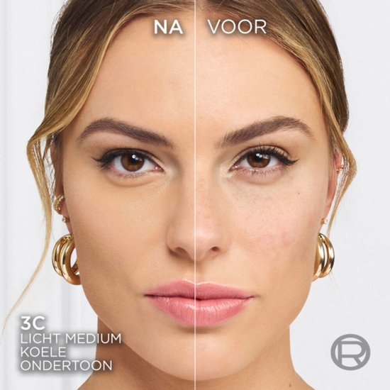 Vergelijking van gezicht: links met foundation (na), rechts zonder (voor). Model 3C licht medium koele ondertoon.