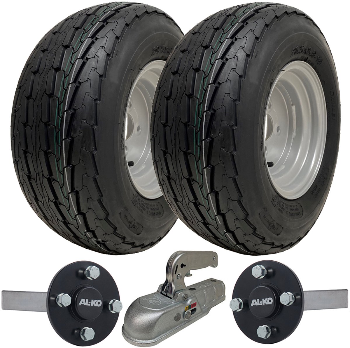 20,5x8,0-10 Aanhangwagenkit met voor de openbare weg goedgekeurde wielen voor hoge snelheden, ALKO-steunas en gegoten trekhaak