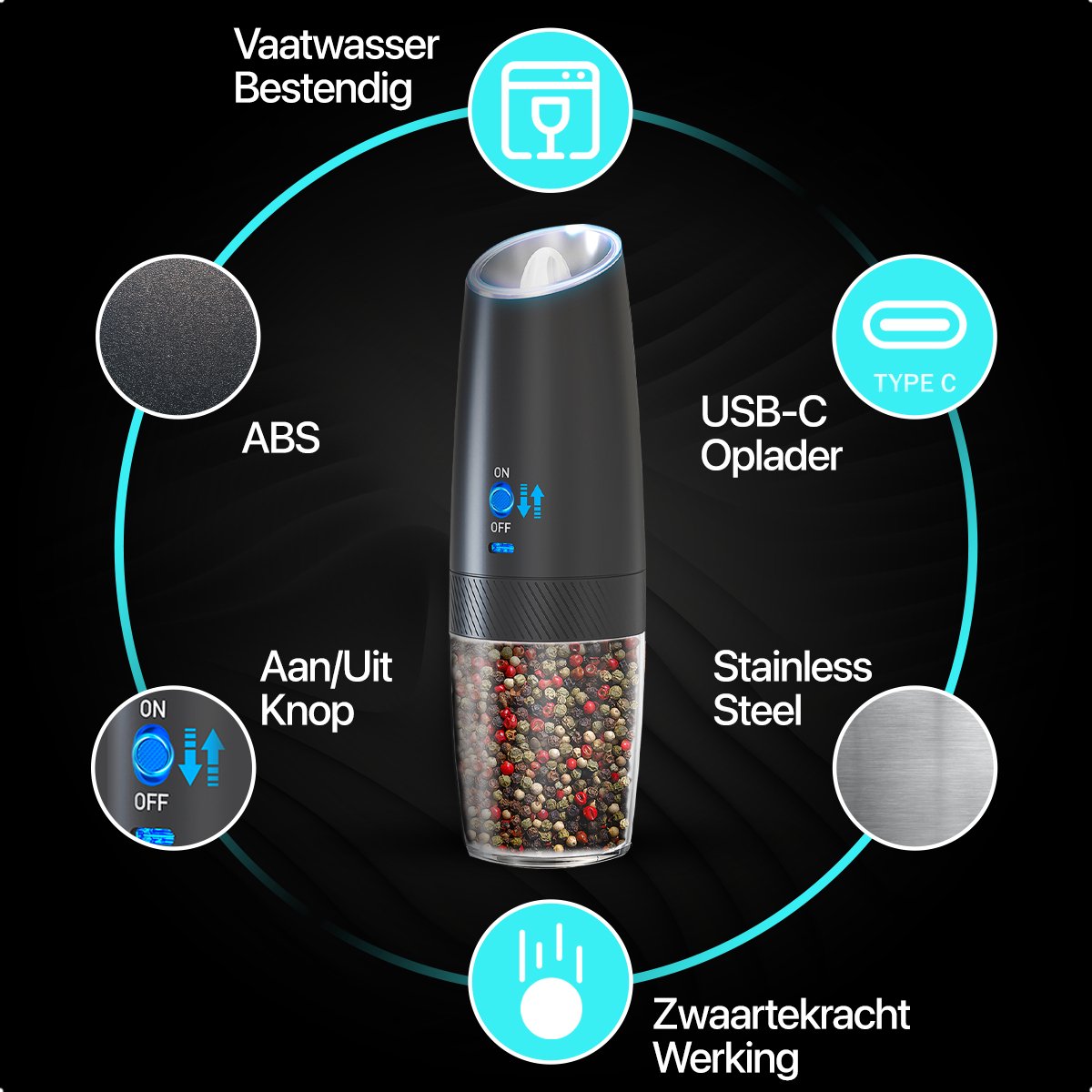 MATTI® - Elektrische Peper en Zoutmolen - Peper en Zoutmolen Set - Pepermolen - Zoutmolen - Automatisch Kantelmechanisme - Oplaadbaar — cadeau in Kookcadeaus - foto 4