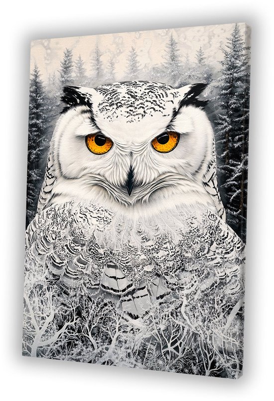 Sneeuwuil in de natuur - Uil canvas kunst - Canvas schilderijen dieren - Surrealistisch - Woonkamer decoratie industrieel - Slaapkamer decoratie - canvas 50x70 cm