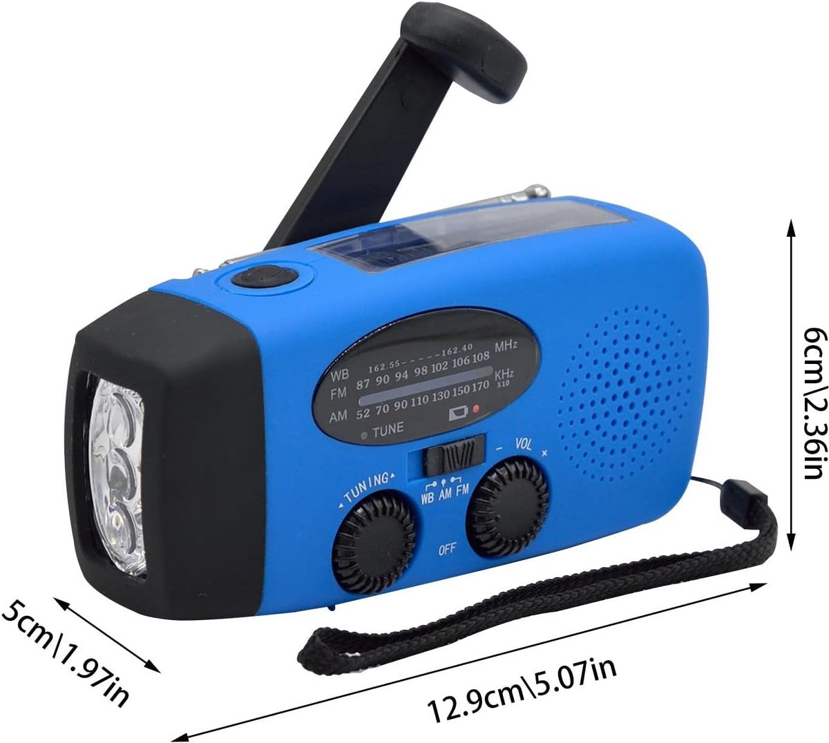 FM/AM/WB - Solar - Zaklamp - Powerbank- mini-noodoverlevingsradio op zonne - Noodradio Op Batterijen -energie - met 3 LED's Superheldere zaklamp 2000mAh batterij - aangedreven powerbank Smartphone-oplader - blauw – foto 2