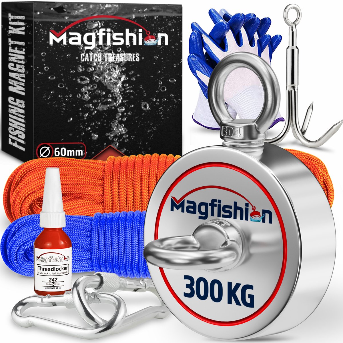 Magfishion Magneetvissen MEGA Set 300 KG - Vismagneet - 2x Touw + Karabijnhaak met Schroefsluiting - Dreghaak - Handschoenen - Borgmiddel - Magneet Vissen - Outdoor - Magneetvissen Kinderen