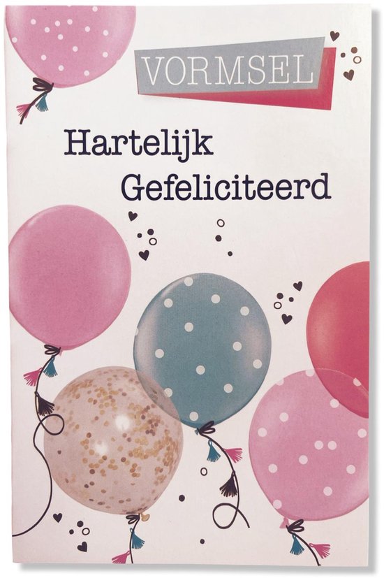 Kaart met 'Hartelijk Gefeliciteerd' en ballonnen.