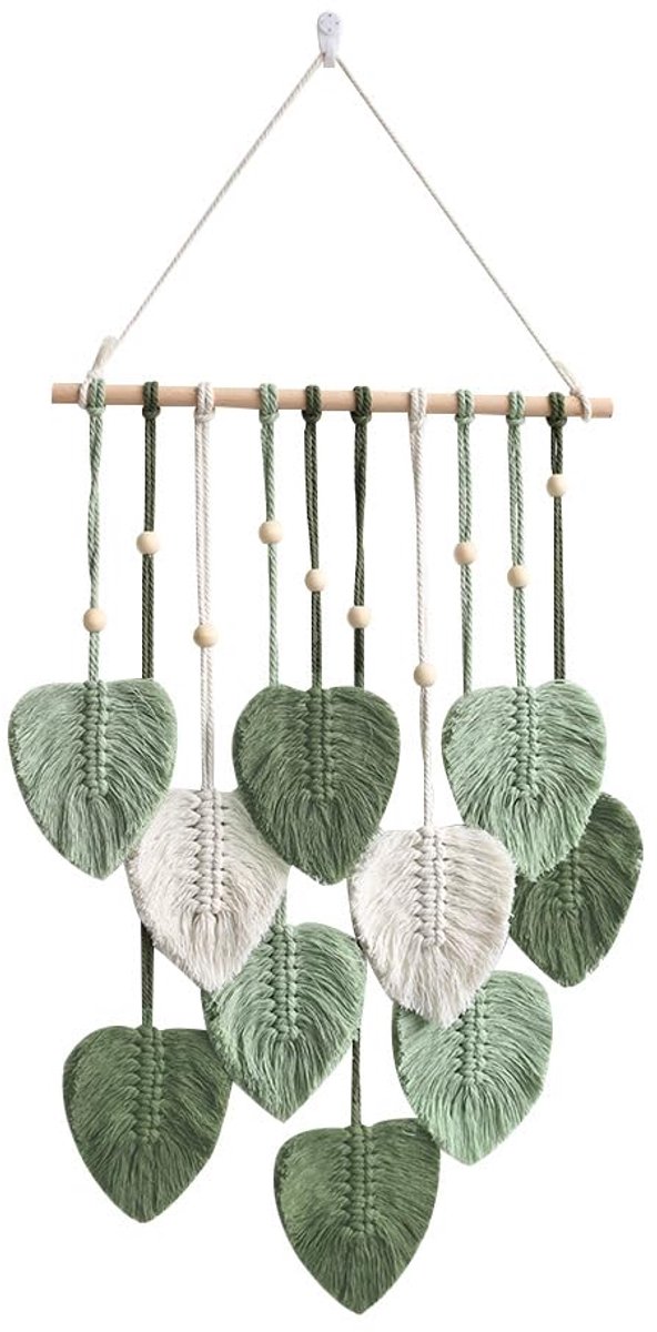 Unyqoos ® Bohemian Macramé Wanddecoratie met Houten Elementen en Groene Bladeren voor Stijlvolle Interieurs