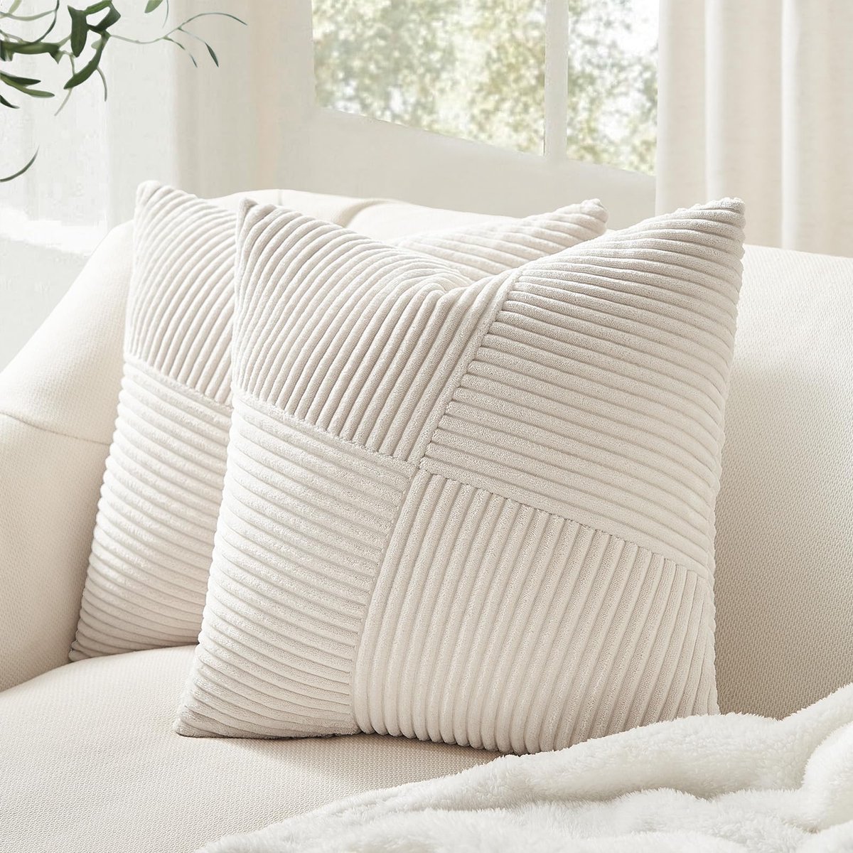 Unyqoos ® Kussenslopen Set van 2 met Modern Geometrisch Windmolenpatroon in Zacht Corduroy Fluweel voor Diverse Interieurs Wit