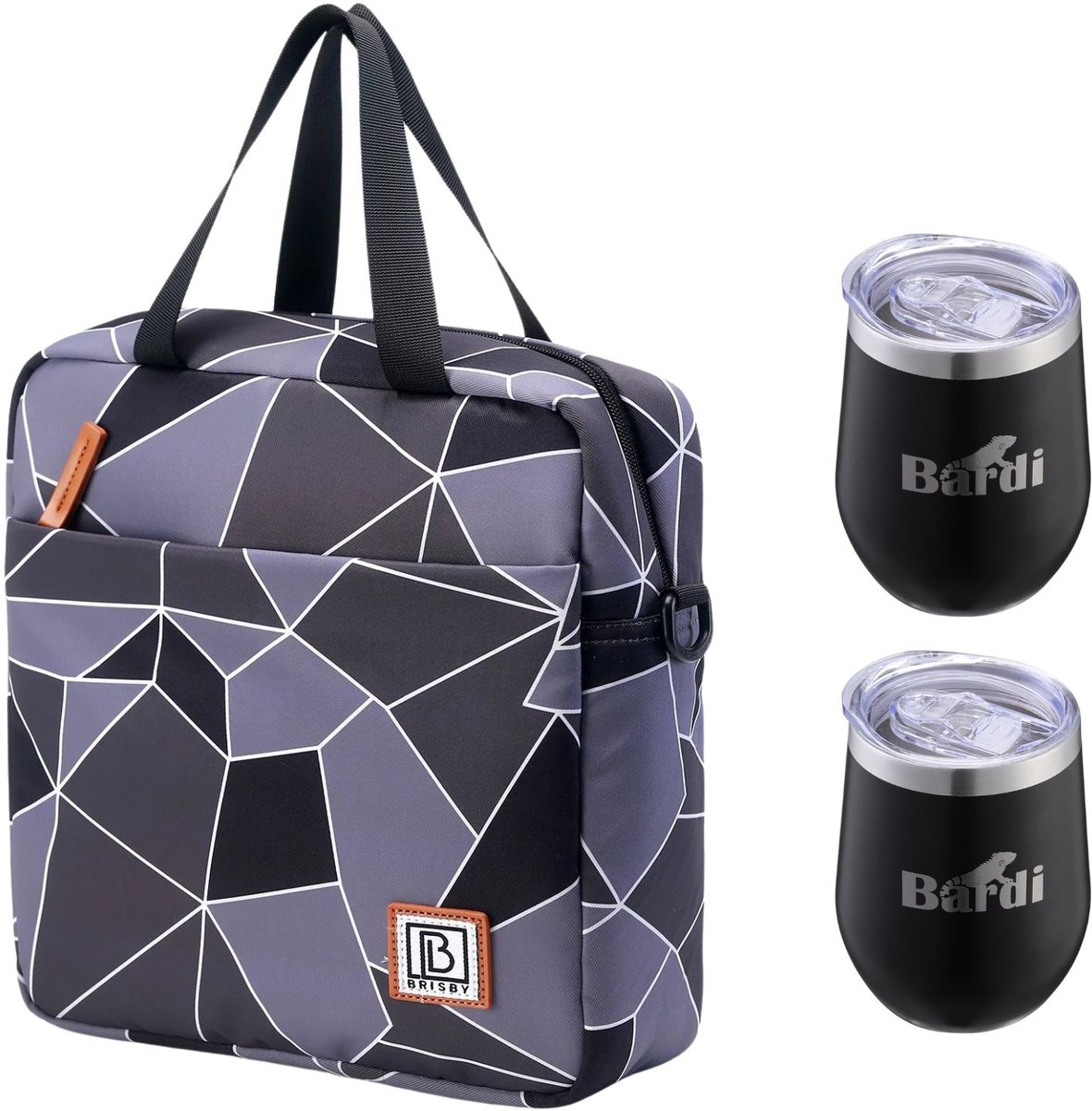 Brisby Koeltas 7L Abstract Grijs/Zwart + 2 Brisby Thermosbekers Zwart – Complete Lunch-set voor Onderweg!