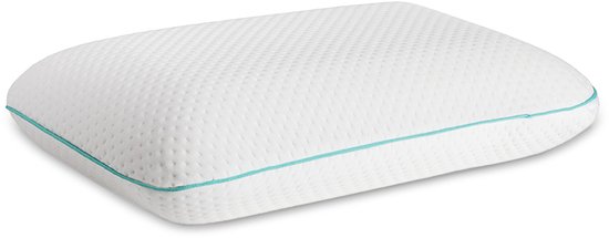 Coussin blanc en mousse à mémoire de forme avec bordure turquoise, 91x50cm, sur fond blanc.