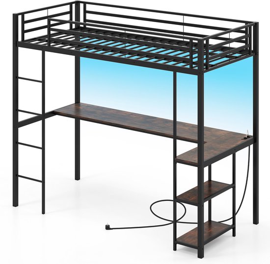 Costway Hoogslaper Met Bureau, 90 X 200 Cm, Stapelbed Met Ledverlichting Laadstation En 2 Planken Stapelbed Van Metaal Kinderbed Met Veiligheidsleuning En Ladder Tienerbed 1197639976