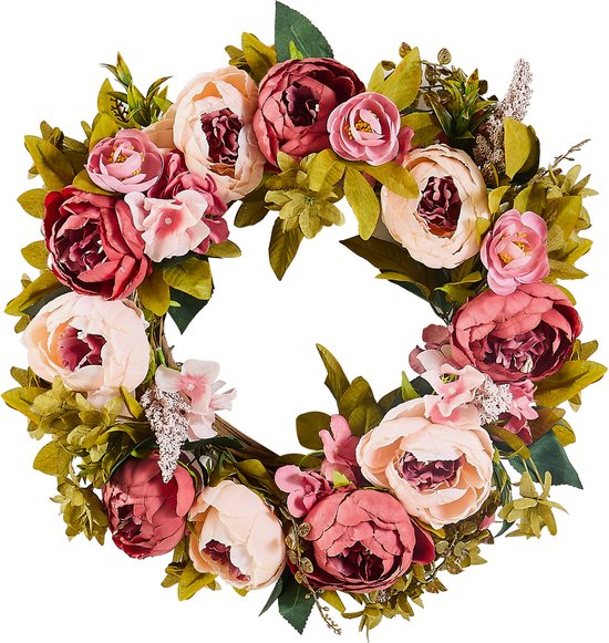 Kunstmatige Decoratieve Krans, 48,3 cm, Roze, Pioenrozen, Hortensia's, Gipskruid, Het Hele Jaar Door Binnen/Buiten voor Thuis, Muur, Raam