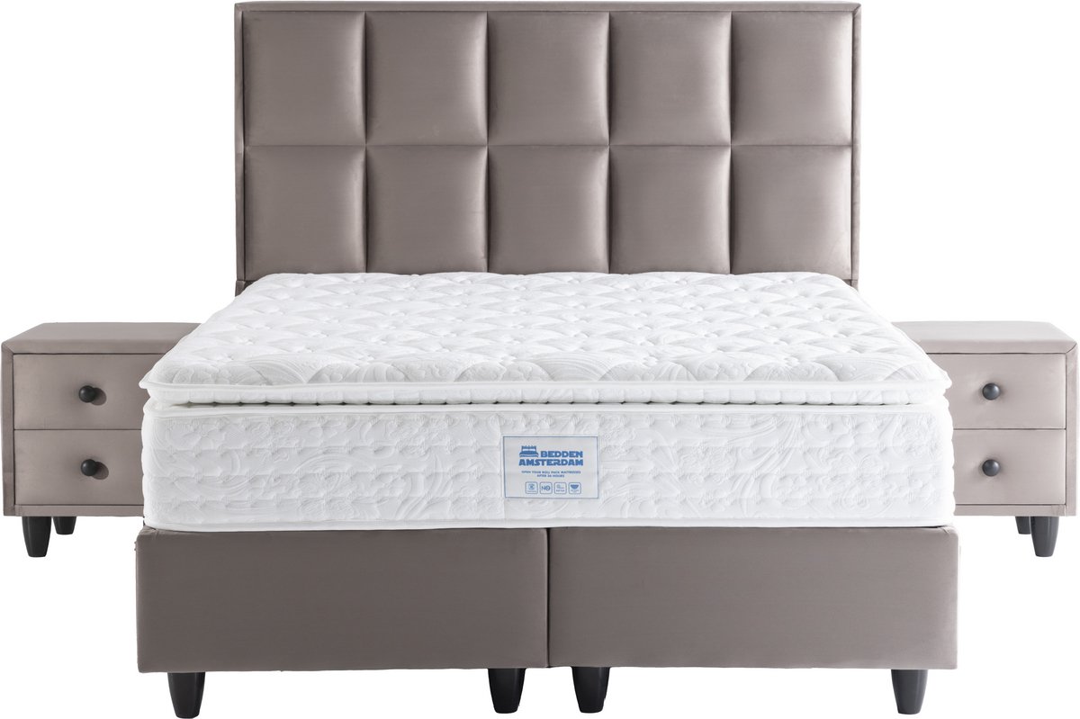Nessa® 160x200 - Opbergruimte Boxspring Armoni | Taupe Velvet Gestoffeerd - Inclusief Amerikaans Orthopedisch 7-zones Pocketvering Matras Met Vaste Koudschuim Topper
