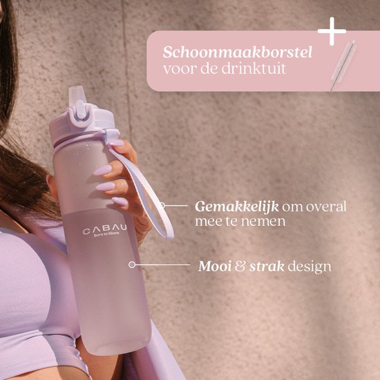 Cabau - Bloom Waterfles / Drinkfles - 1 liter - Beige - Handige drinktuit & unieke maataanduiding - BPA- & Lekvrij - Drinkfles met rietje volwassenen - Drinkfles volwassenen - Cadeau voor haar