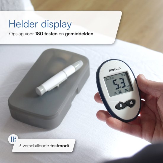 Mecura bloedglucosemeter met helder display, opbergdoosje en prikpen. 3 testmodi.