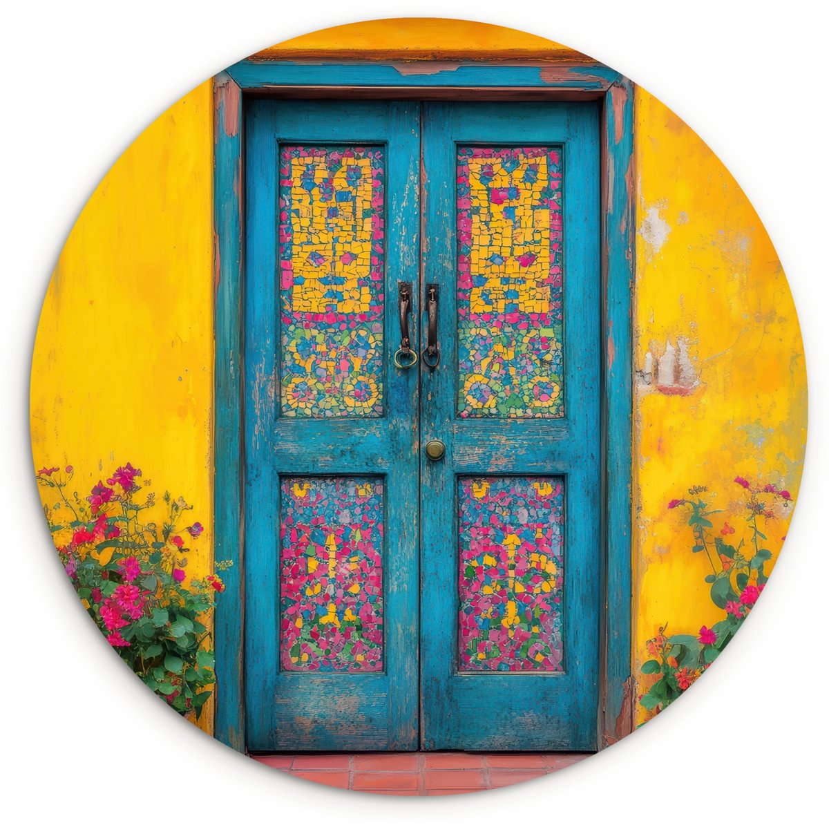 WallCircle Wandcirkel 140x140 cm - Muurcirkel Deuren - Kleurrijk - Planten - Muurdecoratie woonkamer - Wanddecoratie slaapkamer - Kamer decoratie accessoires - Ronde schilderijen Deur - Bloemen