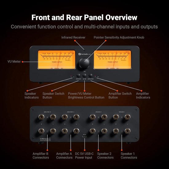Fosi Audio LC30 VU Meter Versterker Luidspreker Selector Box, 2-Weg Analoge Audio Schakelaar - voor Stereo HiFi Versterkers en Passieve Luidsprekers, - Geel — afbeelding 4