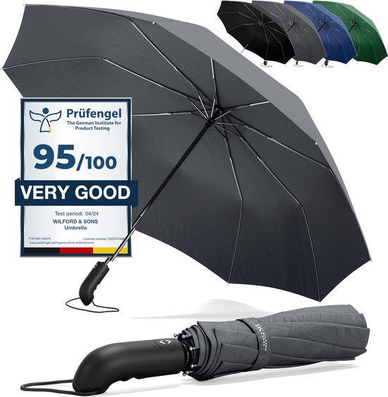 Wilford & Sons Stormparaplu Opvouwbaar Zak Paraplu Stormproof + Knop Automatisch & Beschermhoes | Heren Dames - Compact Stevig, Teflon Wind & Waterdicht Handvat Polsstrap| Reisparaplu Zakparaplu Golf, Grijs - Standaard