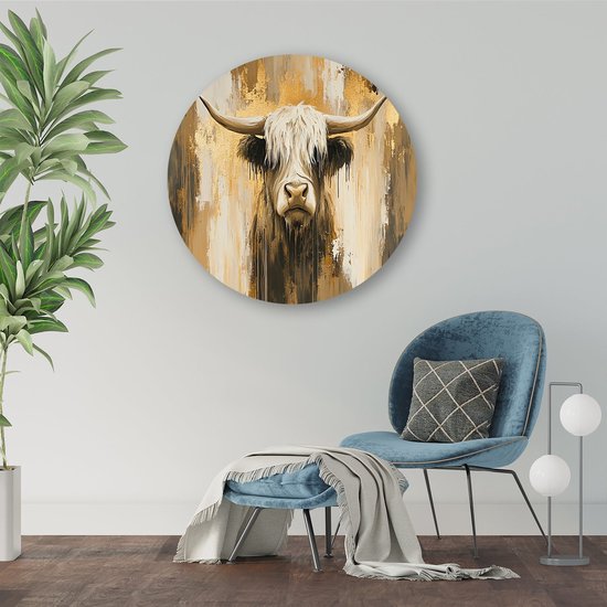 Schotse hooglander met goud - Schotse hooglander muurdecoratie rond - Wandbord koe - Expressionisme - Ronde wanddecoratie - Decoratie slaapkamer - muurcirkel aluminium 40x40 cm