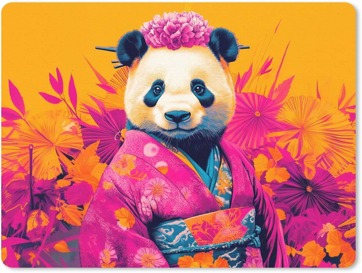 Muismat 23x19 cm - Mousepad Kimono - Roze - Panda - Bloemenkroon - Muismatten