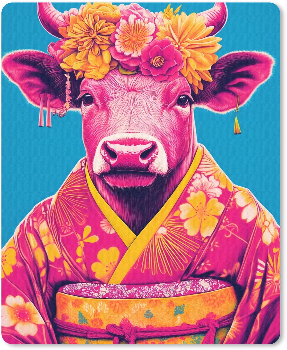Muismat 19x23 cm - Mousepad Koe - Bloemenkrans - Oorhangers - Kimono - Muismatten