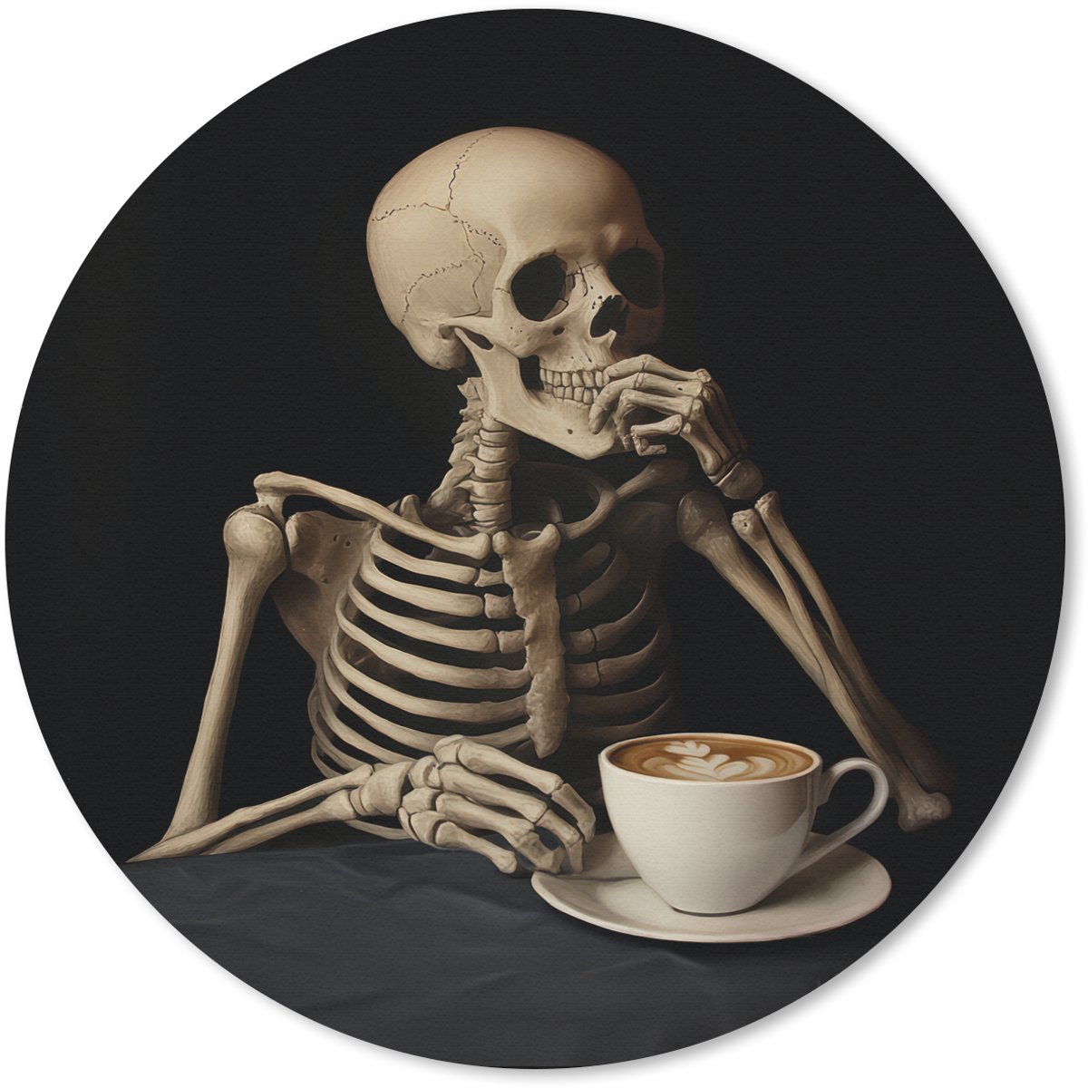 Muismat rond 40x40 cm - Mousepad Skelet - Koffie - Drinken - Schedel - Tafel - Ronde muismatten