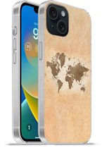Telefoonhoesje Geschikt voor iPhone 15 hoesje - Wereldkaart - Beige - Bruin - Siliconen Telefoonhoesje Telefoonhoesje