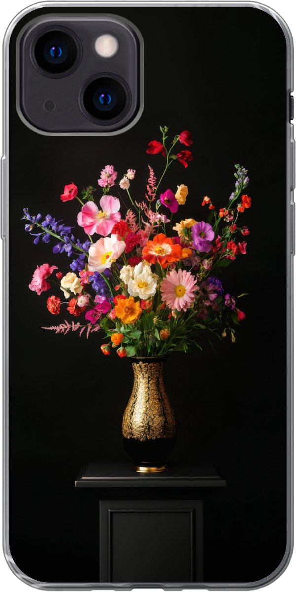 Telefoonhoesje Geschikt voor iPhone 13 mini hoesje - Kleurrijk - Boeket - Vaas - Goud - Siliconen Telefoonhoesje Telefoonhoesje
