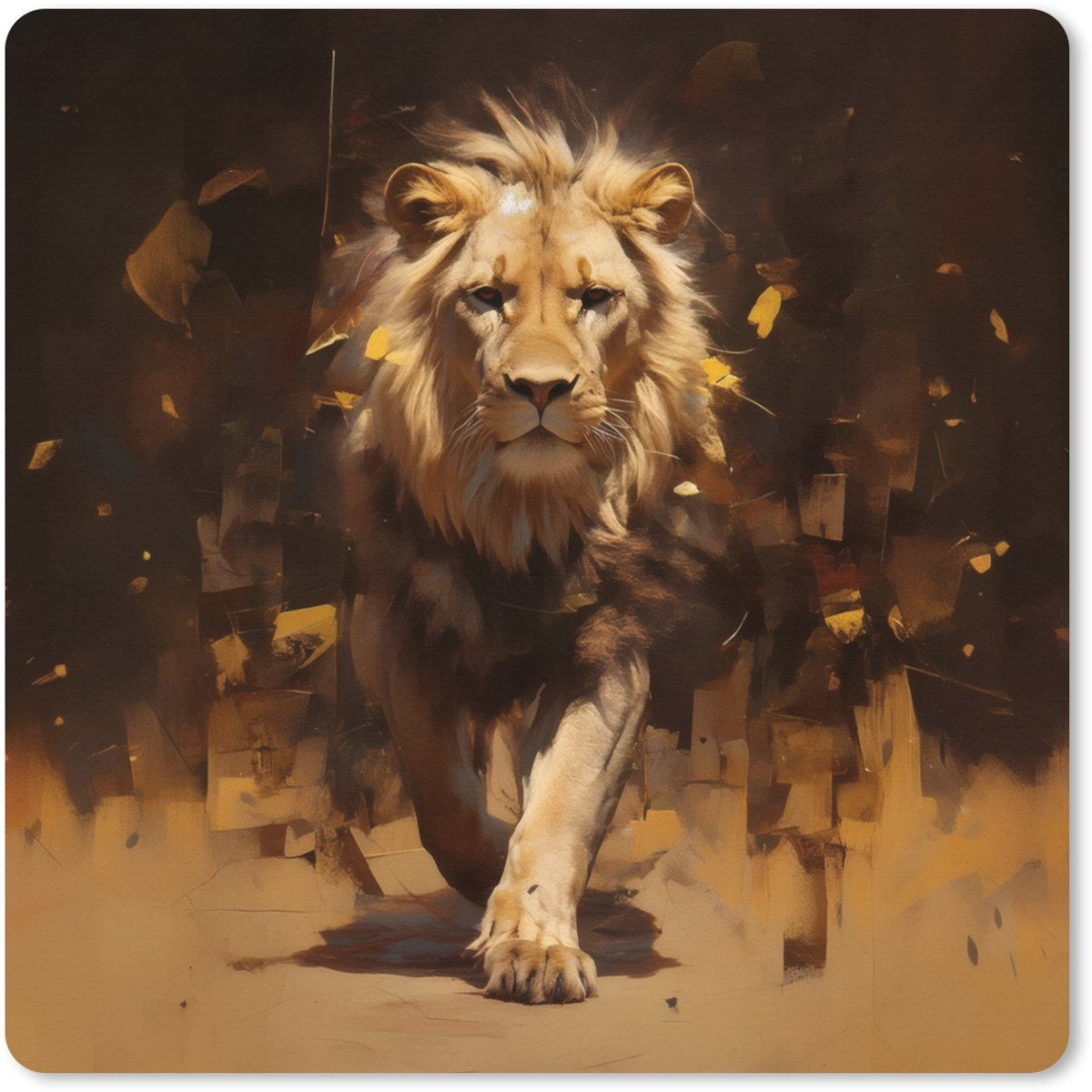 Muismat XXL 50x50 cm - Bureau onderlegger - Bureau mat Leeuw - Geschilderd - Abstract - Goud - Bureaumat - Gaming mousepad xl - Bureaulegger groot - Computer deskmat