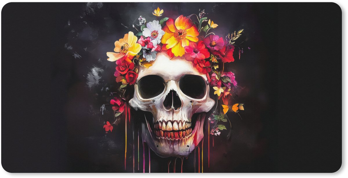Muismat XXL 90x45 cm - Bureau onderlegger - Bureau mat Schedel - Bloemen - Doodshoofd - Bloed - Kleurrijk - Bureaumat - Gaming mousepad xl - Bureaulegger groot - Computer deskmat