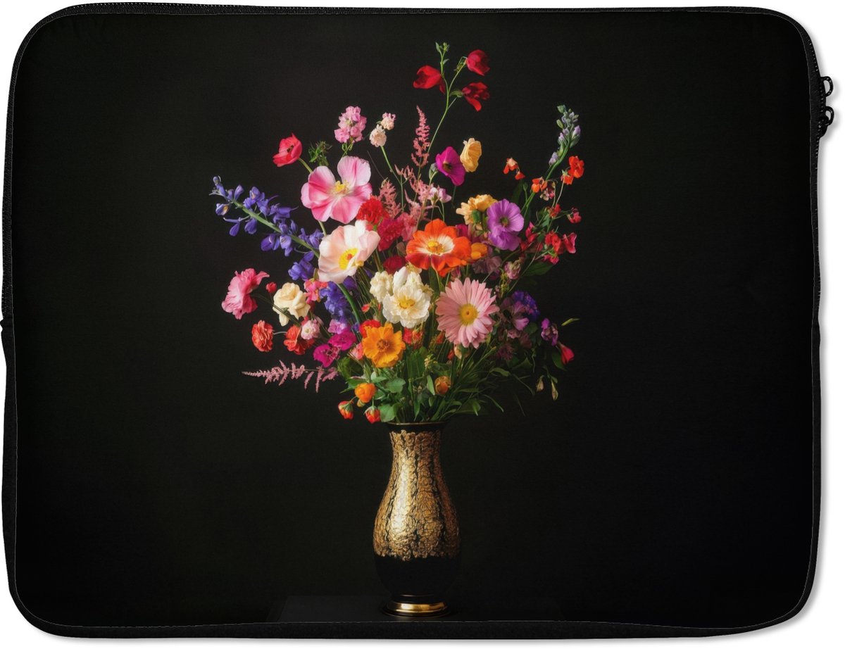 Laptophoes 17 inch - Kleurrijk - Boeket - Vaas - Goud - Laptop sleeve - Binnenmaat 41x28 cm - Zwarte achterkant