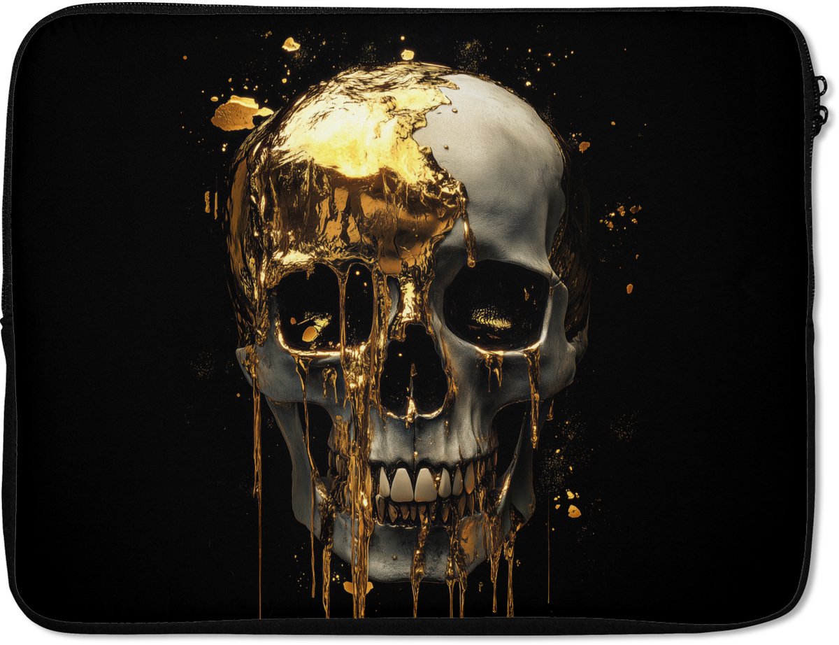 Laptophoes 15.6 inch - Goud - Abstract - Schedel - Kunst - Laptop sleeve - Binnenmaat 37x26 cm - Zwarte achterkant