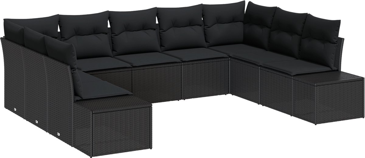 vidaXL - Tuinbank - Set - met - kussen - 9 - pcs - Zwart - Polyrattan