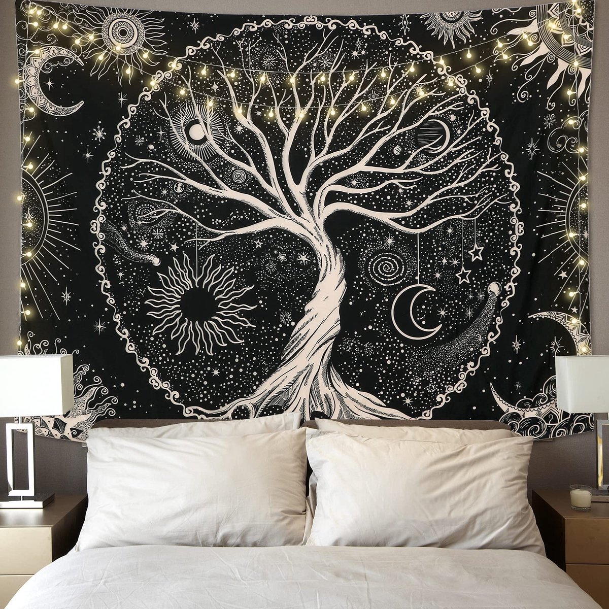 Ibenzoa Grote Psychedelische Mandala Wandtapijt met Levenstree en Sterrenmotief - 175 x 230 cm zwart