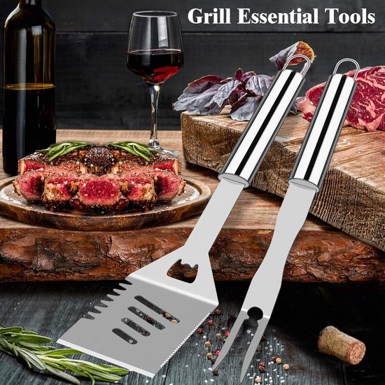 Famanu Extra dikke RVS grillset voor mannen, set van grilaccessoires voor BBQ in achtertuin, cadeauset met grilltools, met vleesthermometer, in aluminium koffer, 26 stuks, zilver van Famanu — afbeelding 3