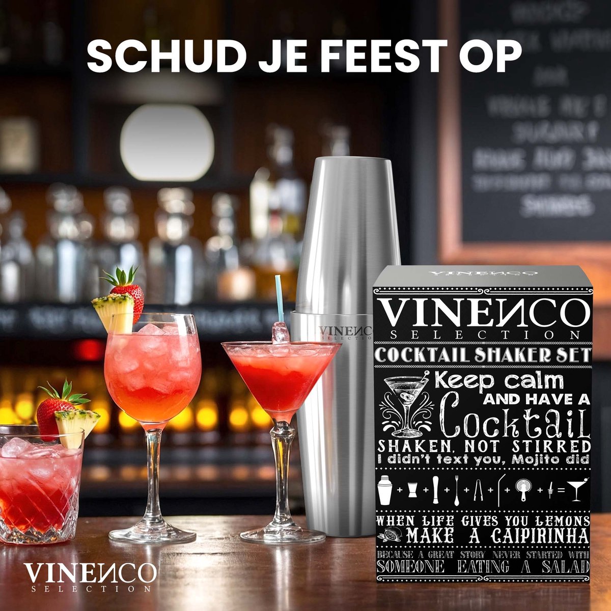 VINENCO Cocktailshaker Set Boston met Houten + Recepten Boek: 13 Delig RVS Staal Premium Barkeeper Kit | Prof Cocktail Shaker Bar Accessoires Martini Gin Mojito Longdrinks Party Verjaardag Cadeau Man Vrouw — cadeau in Kookcadeaus - foto 4