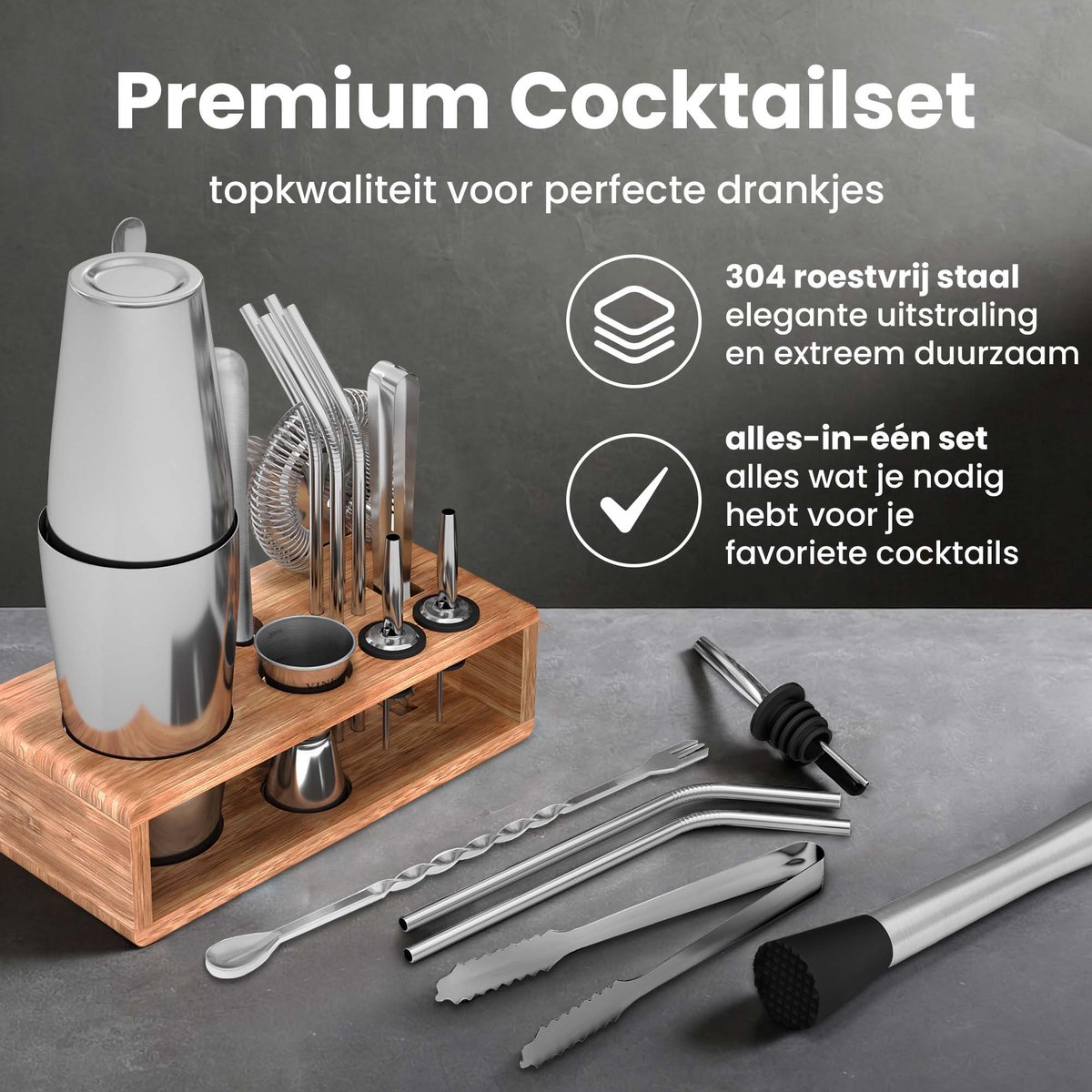 VINENCO Cocktailshaker Set Boston met Houten + Recepten Boek: 13 Delig RVS Staal Premium Barkeeper Kit | Prof Cocktail Shaker Bar Accessoires Martini Gin Mojito Longdrinks Party Verjaardag Cadeau Man Vrouw — cadeau in Kookcadeaus - foto 3