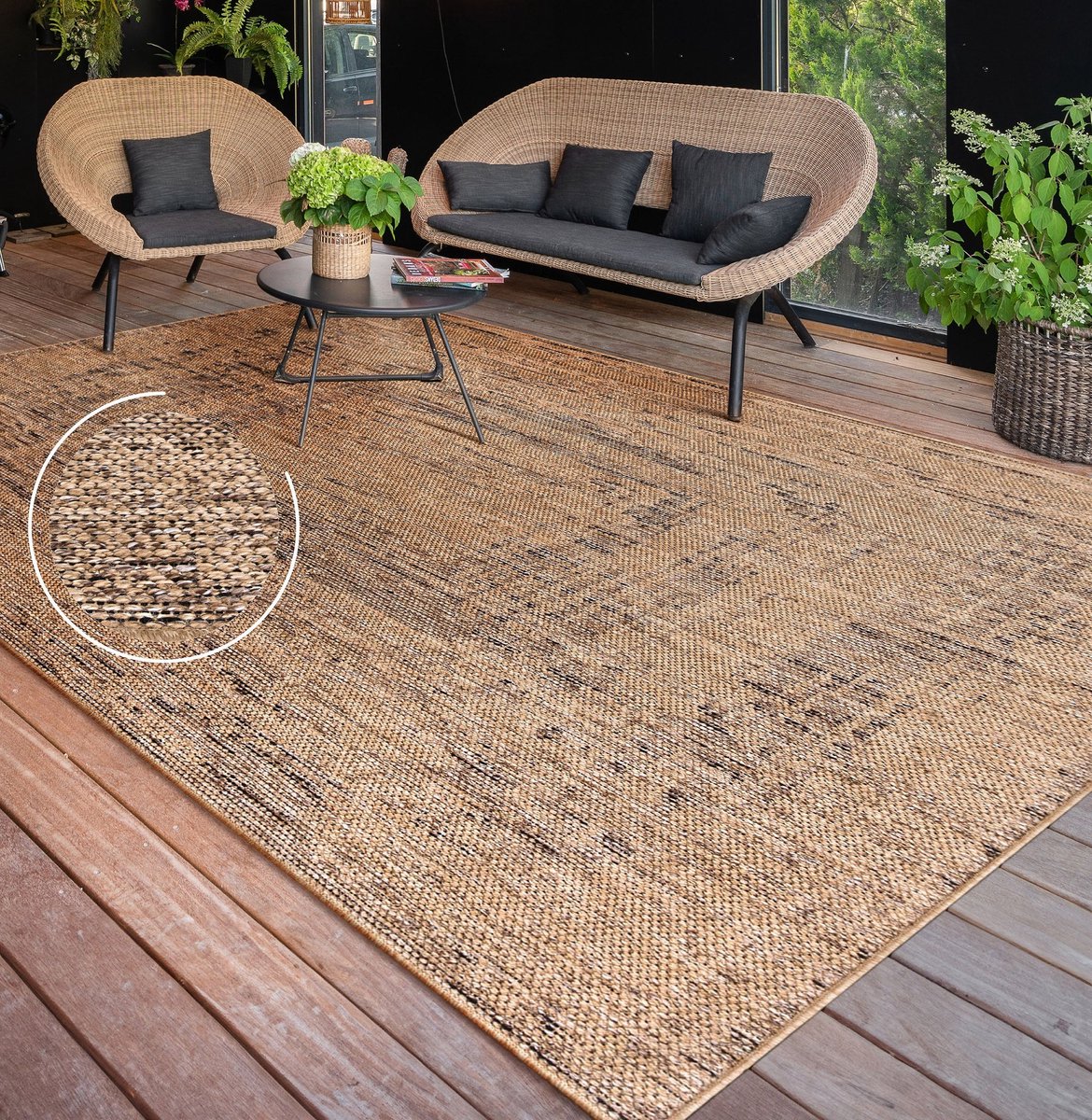 Flycarpets Aamber Jute Buitenkleed - Naturel / Zwart - Buitentapijt - Campingkleed - Vloerkleed buiten - Tuintapijt - 240x340 cm
