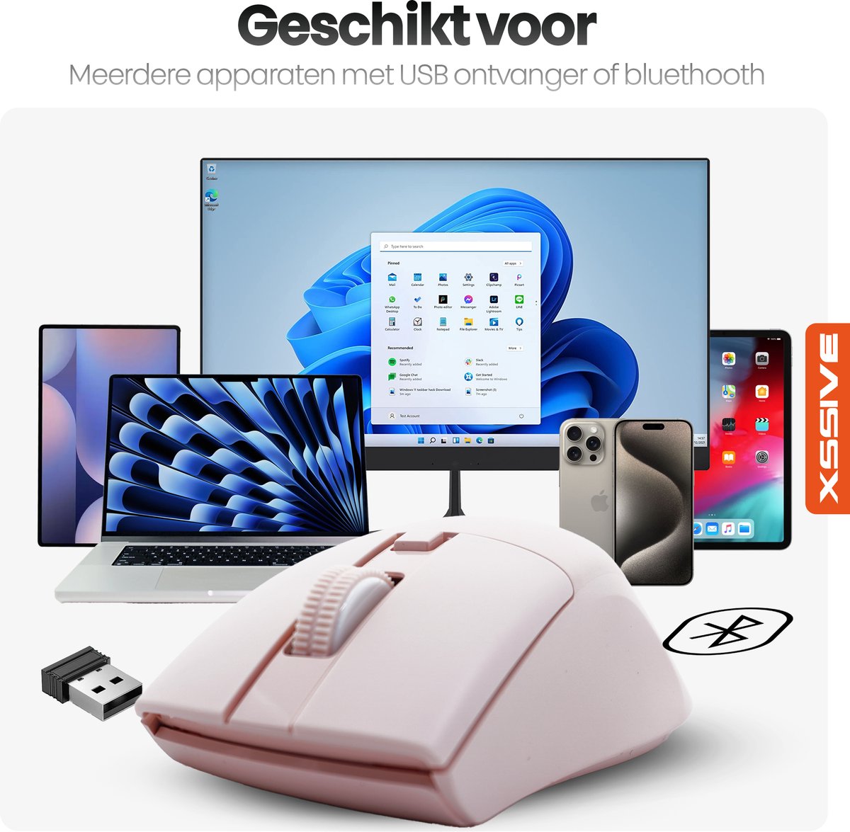 Xssive MS4 Stille Draadloze Muis voor Laptop, Tablet, Telefoon, PC - Bluetooth + Draadloos 2.4G Dongle - Ergonomisch - Roze thumbnail 2