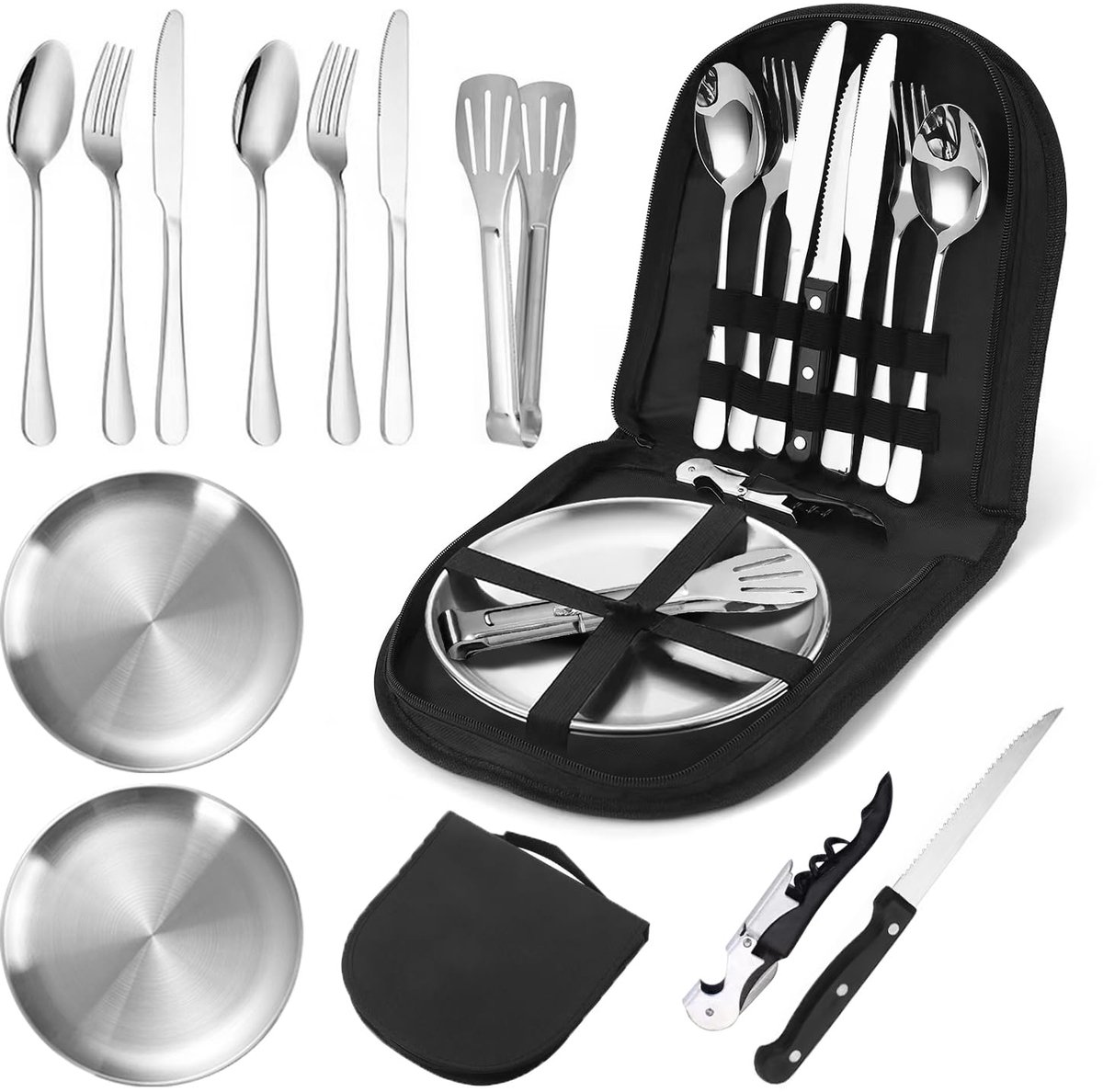Ibenzoa Compleet Campingservies Set - 2 personen - draagbaar - roestvrij staal
