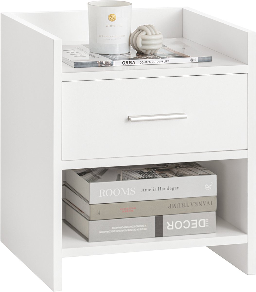 SoBuy FBT66-W Nachtkastje Wit – Bijzettafel met Lade en 2 Planken – Veelzijdig Salontafel voor Slaapkamer, Woonkamer & Hal – MDF