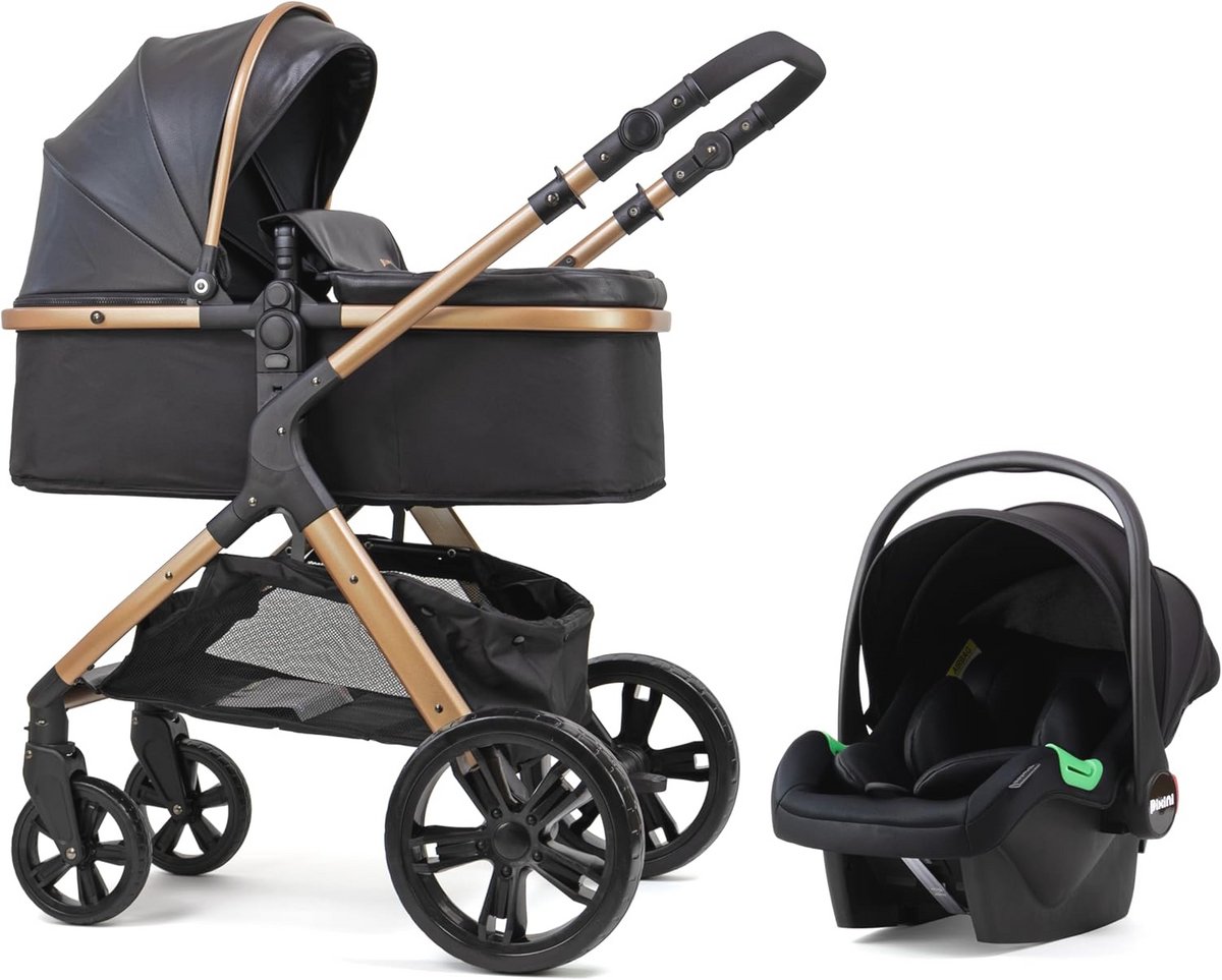 Image of 3-in-1 Kinderwagen met Babykuip, Buggy en Autostoel - Aluminium Frame - Goud/Zwart Accessoirepakket