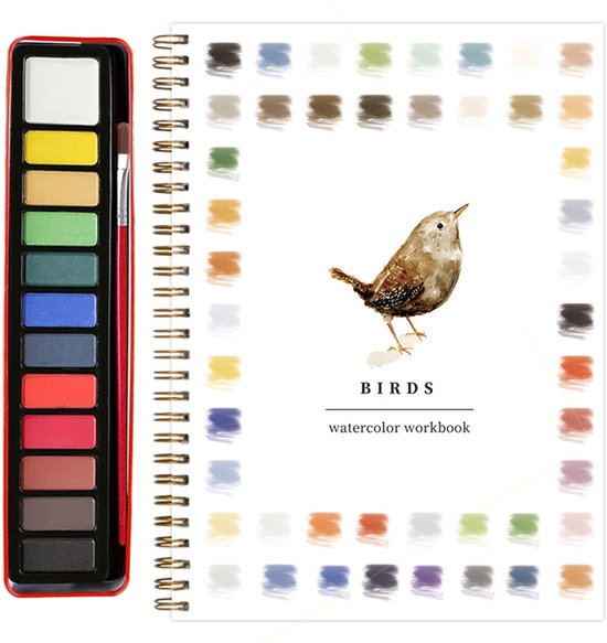 1 stuk - Aquarel werkboek voor beginners - Vogel aquarel werkboek - Aquarel Boeken voor beginners - 12 kleuren aquarelverf set met penseel (Vogels)