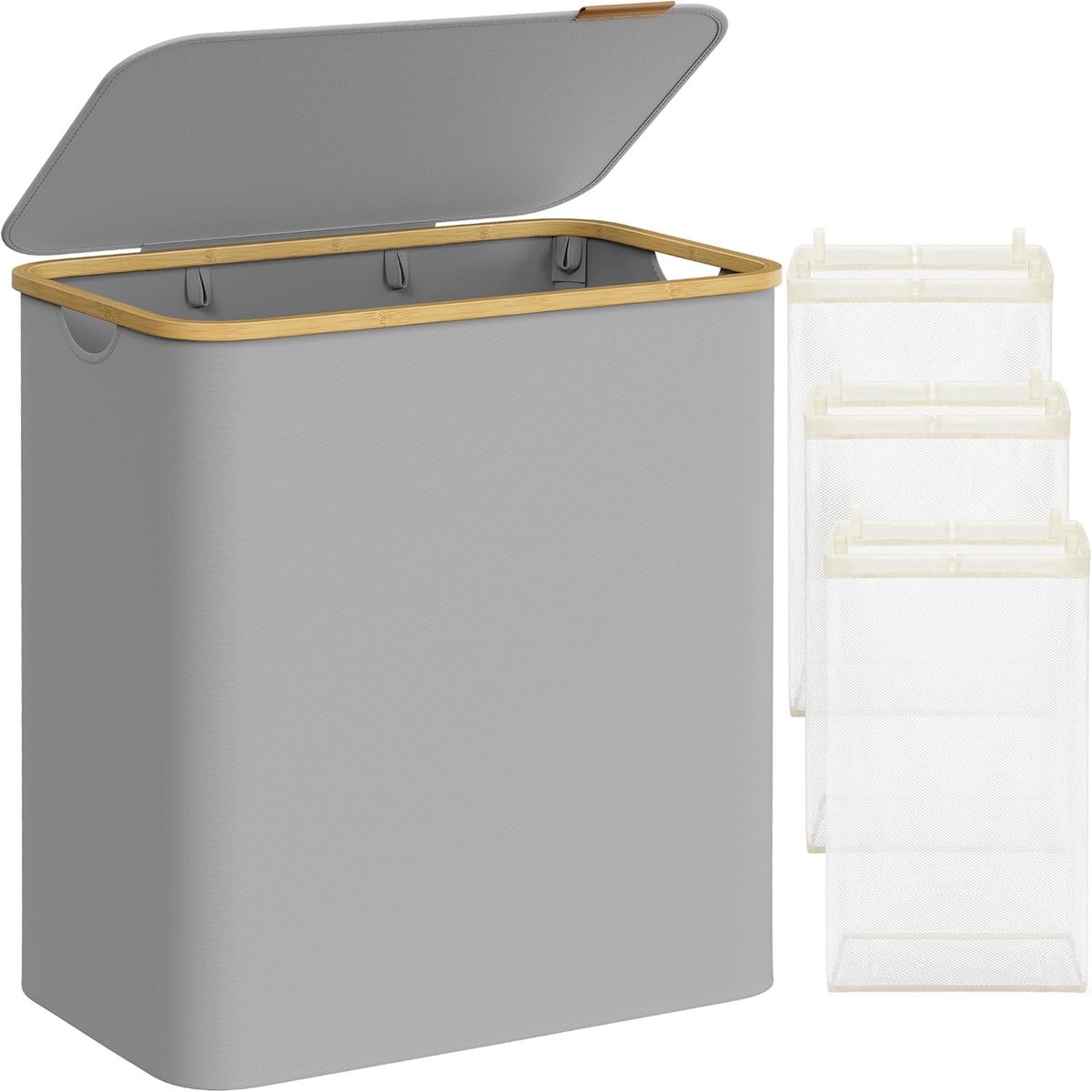 SONGMICS Wasmand met 3 vakken, 150 l, wasmand met deksel, opvouwbaar, afneembare waszak, Oxford stof, bamboe handvatten, 60 x 38,5 x 70,5 cm, duifgrijs