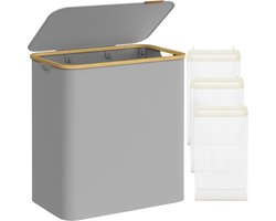 SONGMICS Wasmand met 3 vakken, 150 l, wasmand met deksel, opvouwbaar, afneembare waszak, Oxford stof, bamboe handvatten, 60 x 38,5 x 70,5 cm, duifgrijs