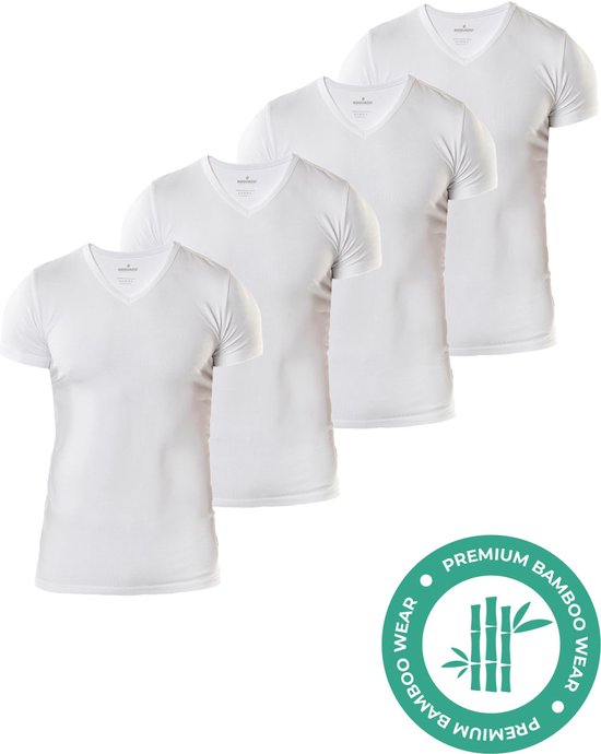 T-shirt en Bamboe SQQUADD® pour homme - Coupe ajustée - Col en V- Taille XL - Lot de 4 - Doux et respirant - T-shirt anti-transpiration - Maillot de corps pour homme - Wit