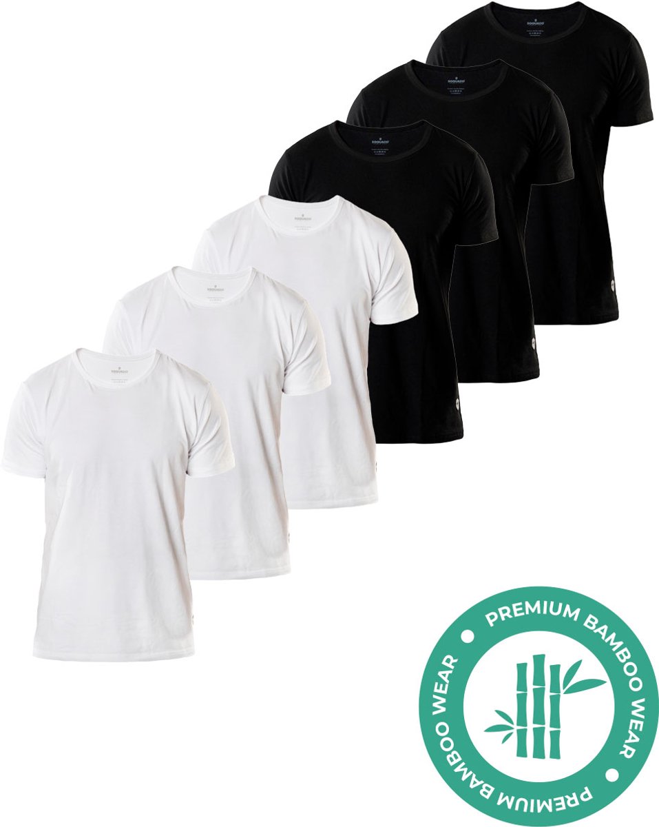 SQQUADD® Bamboe T-Shirt Heren - Regular fit - Ronde hals - Maat S - 6-pack - Zijdezacht en Ademend - Anti Zweet T-Shirt - Ondershirt Heren - Zwart en Wit