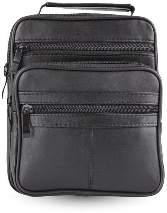 Zwarte leren tas met handvat aan de bovenzijde en meerdere ritsvakken aan de voorkant.