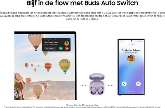 Telefoon en oordopjes naast een laptop, met pop-up melding van inkomende oproep.