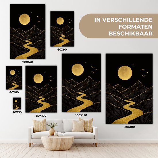 Tableau sur toile 80x120 cm - Décoration murale exclusive Rivière - Or - Lune - Vogels - Décoration murale murale salon - Décoration chambre - Accessoires de décoration - Peintures sur toile