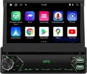 Autoradio met klapscherm, toont apps zoals Knop op stuur, Av-in, Handmatig, Geluidsrecorder, CP Link, Android Auto, Chrome, Play Store, Maps, YouTube.