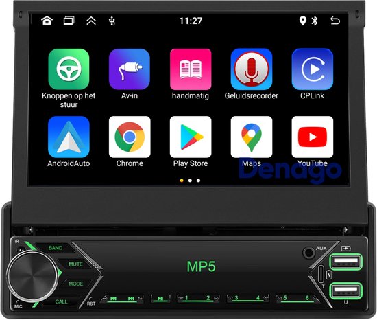 Autoradio met klapscherm, toont apps zoals Knop op stuur, Av-in, Handmatig, Geluidsrecorder, CP Link, Android Auto, Chrome, Play Store, Maps, YouTube.